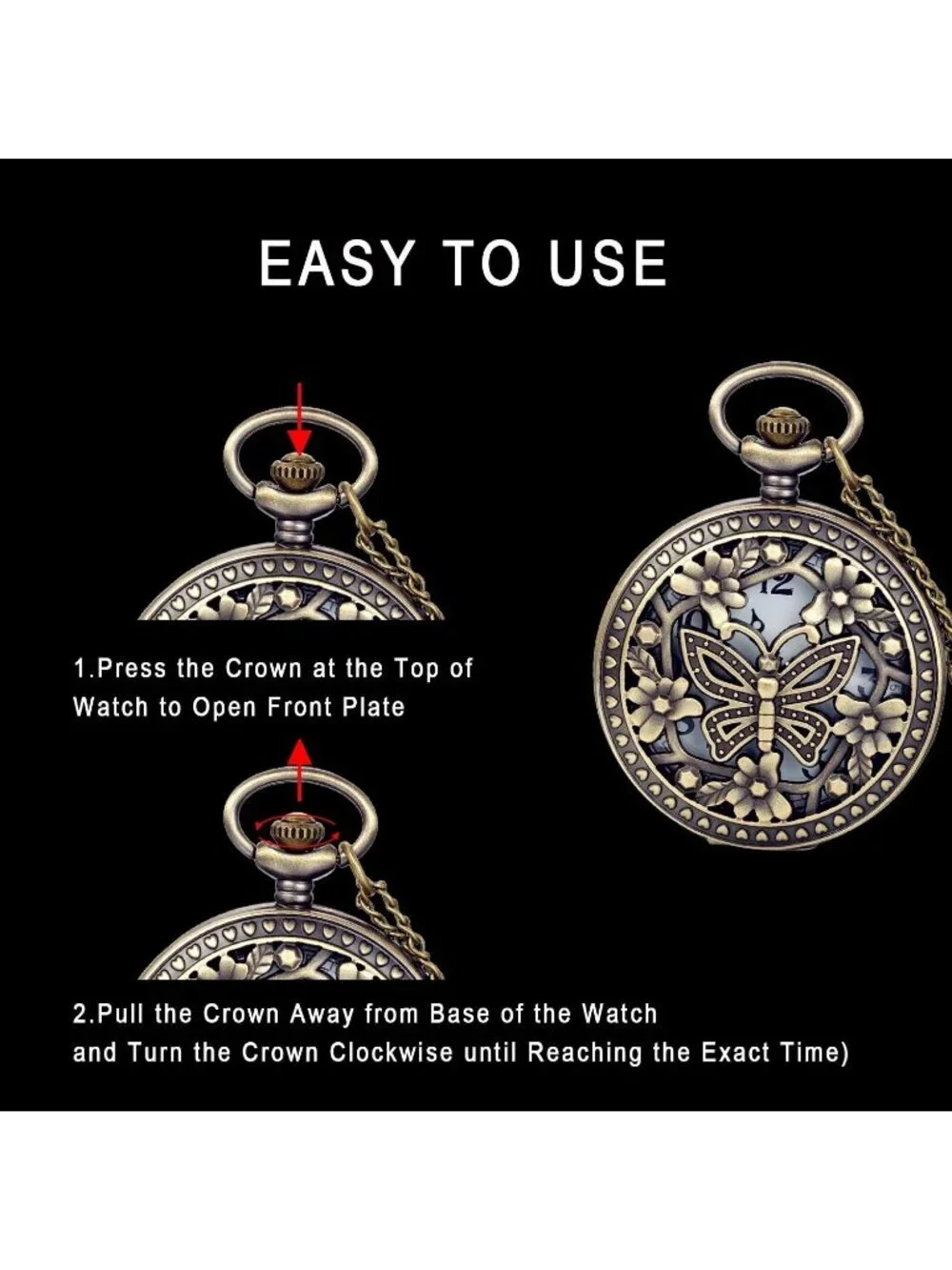 Women's White Quartz Antique Bronze Retro Hollow Butterfly Round Pocket Watch